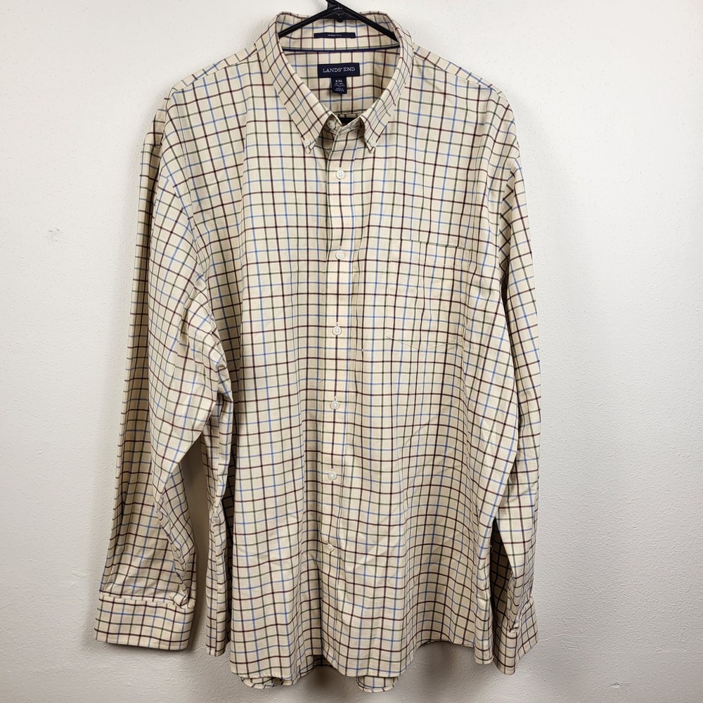 Lands End Mens XXL Traditional Fit Tattersall Check Cotton Twill Shirt Cream